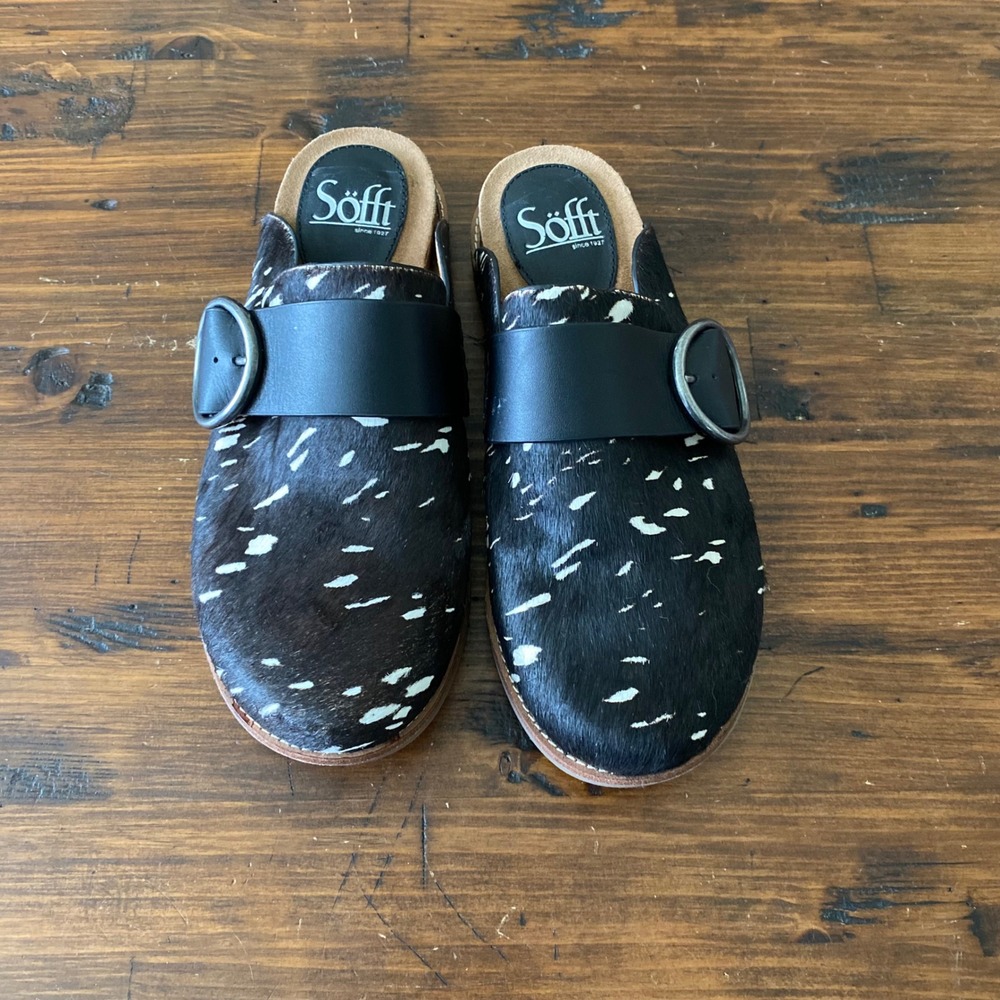 Sofft Billie Women Black White Cow Hair Spotted Buckle Strap Mules Clogs Size 6M